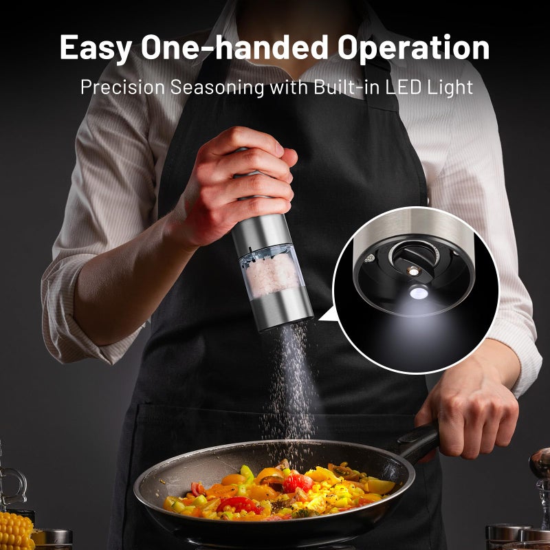 SIMPLETASTE Electric Salt and Pepper Grinder Set Automatic One Handed, Stainless Mill Shakers with Lights and Adjustable Coarseness, Battery Operated - Image 2
